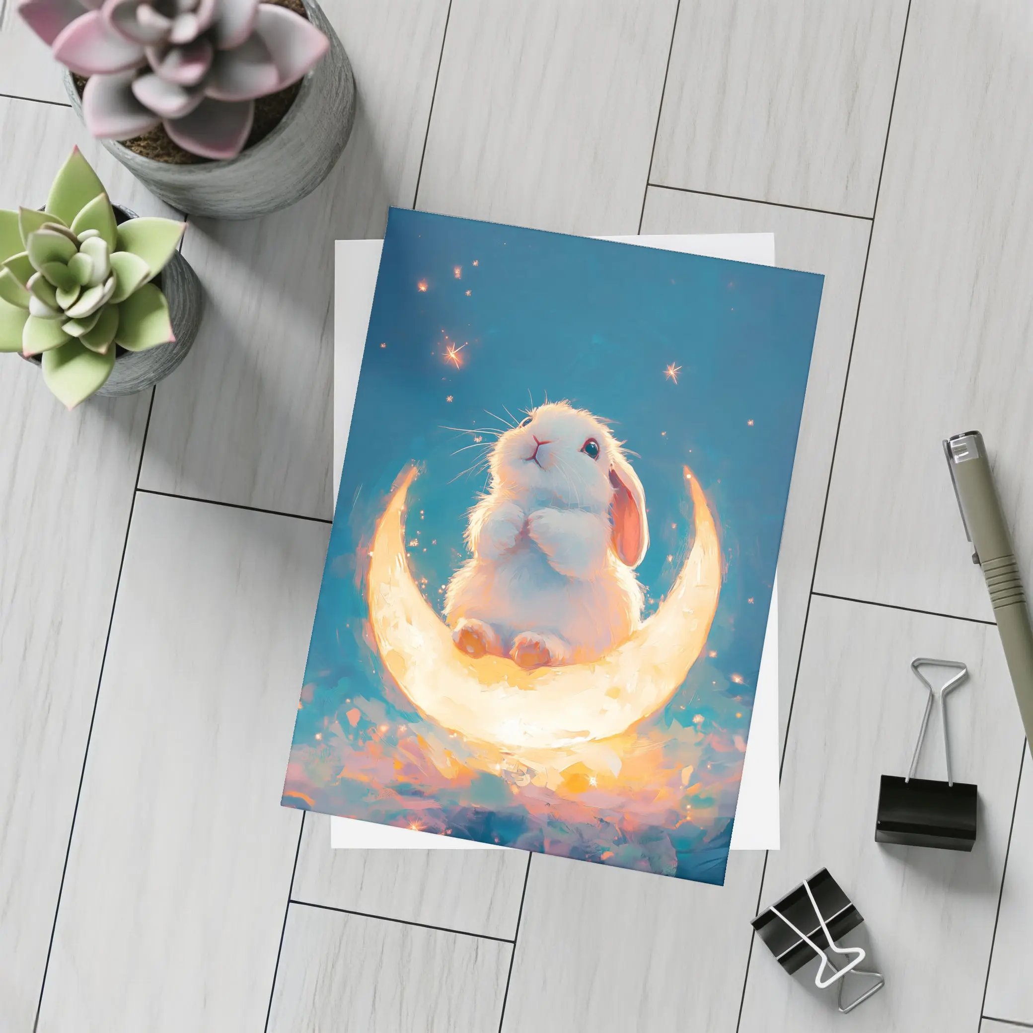 White Bunny Sitting on Glowing Crescent Moon – Postcards