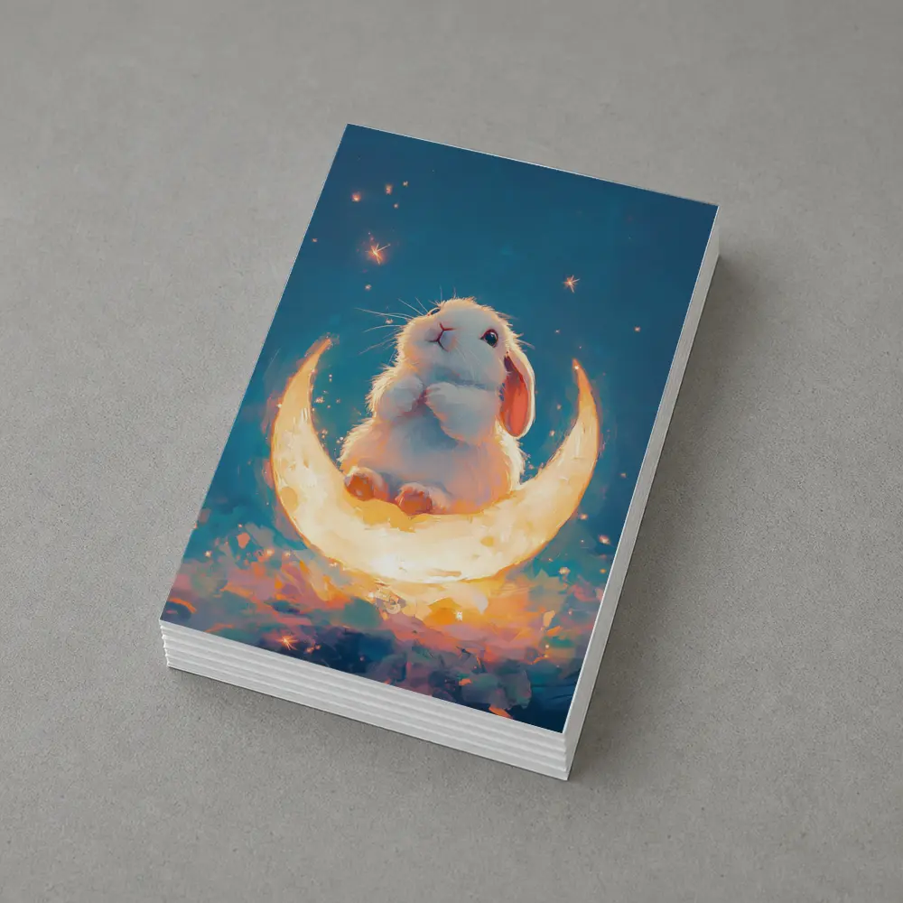 White Bunny Sitting on Glowing Crescent Moon – Postcards