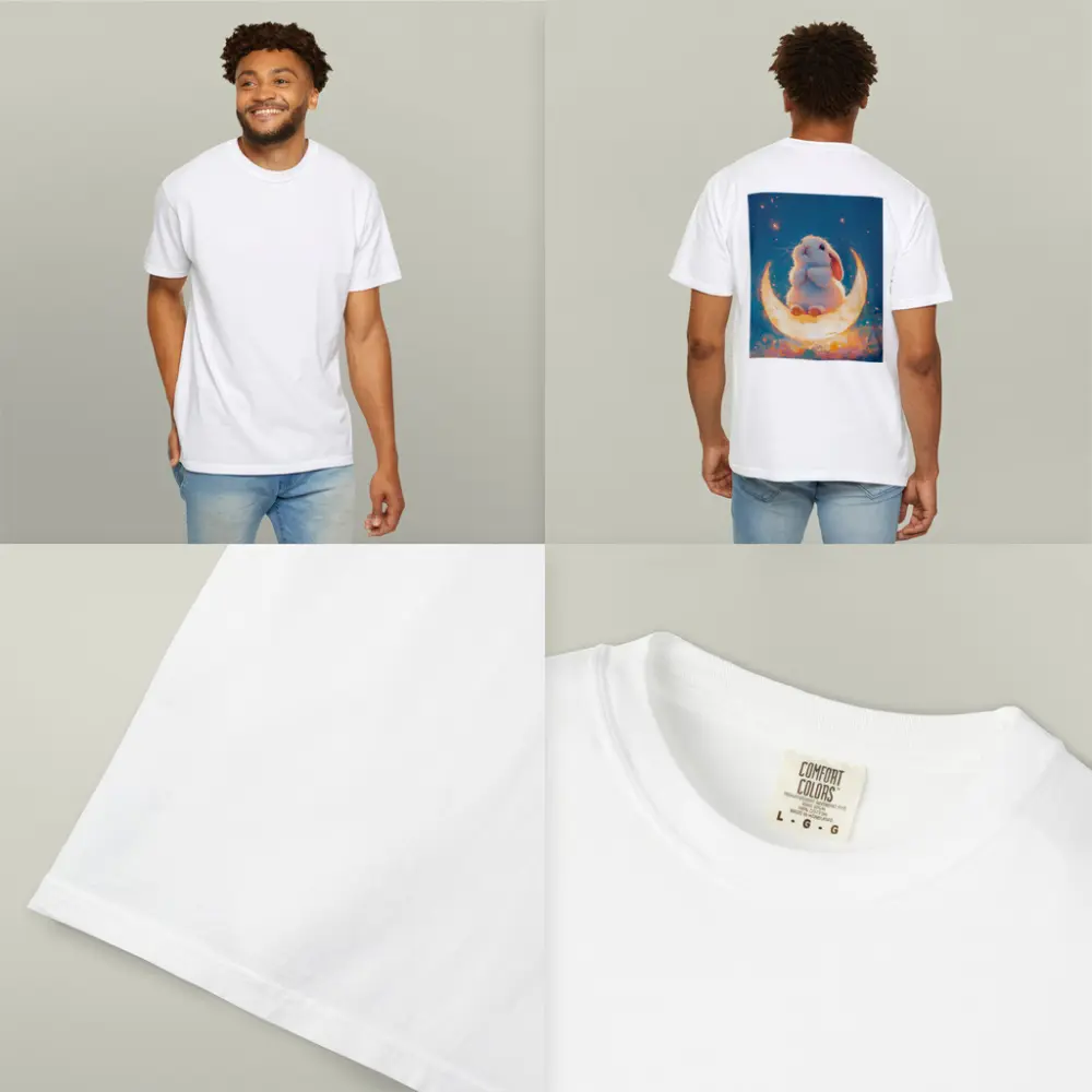 White Bunny Sitting on Glowing Crescent Moon – T-Shirts