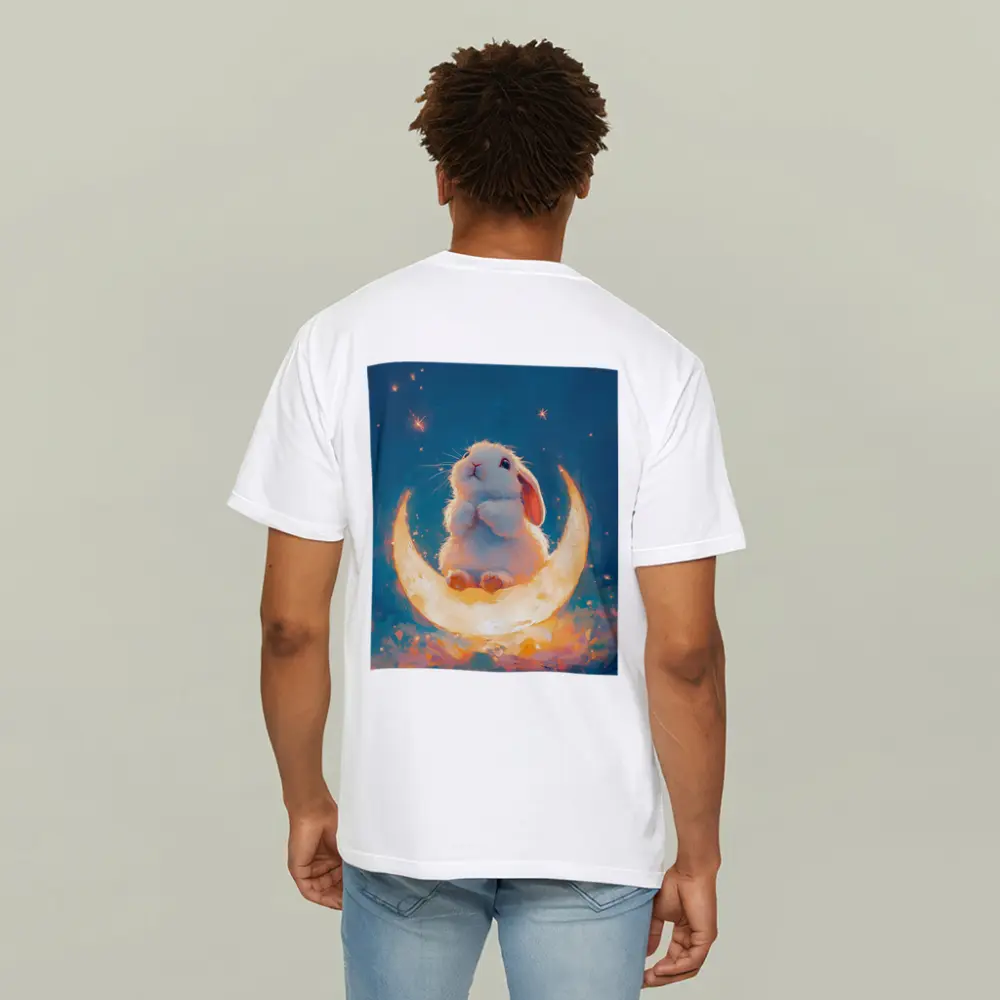 White Bunny Sitting on Glowing Crescent Moon – T-Shirts