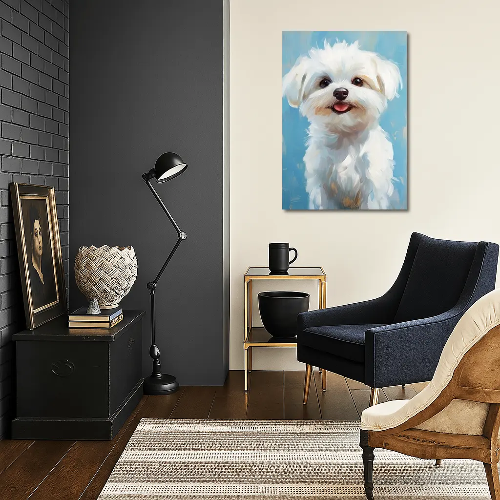Maltese Dog Oil Painting Blue Background – Wall Art
