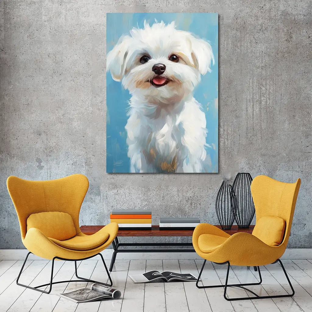 Maltese Dog Oil Painting Blue Background – Wall Art