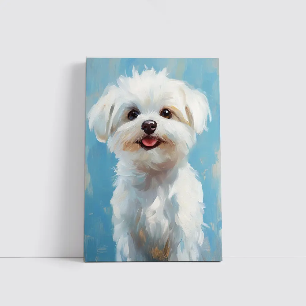 Maltese Dog Oil Painting Blue Background – Wall Art