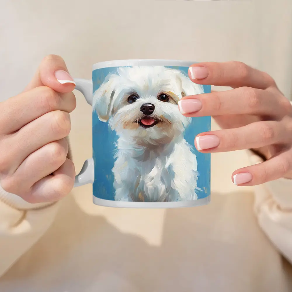 Maltese Dog Oil Painting Blue Background – Mugs