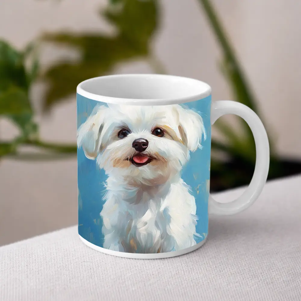 Maltese Dog Oil Painting Blue Background – Mugs