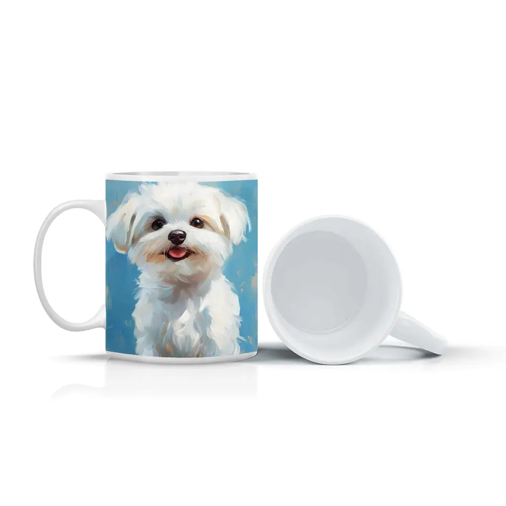 Maltese Dog Oil Painting Blue Background – Mugs