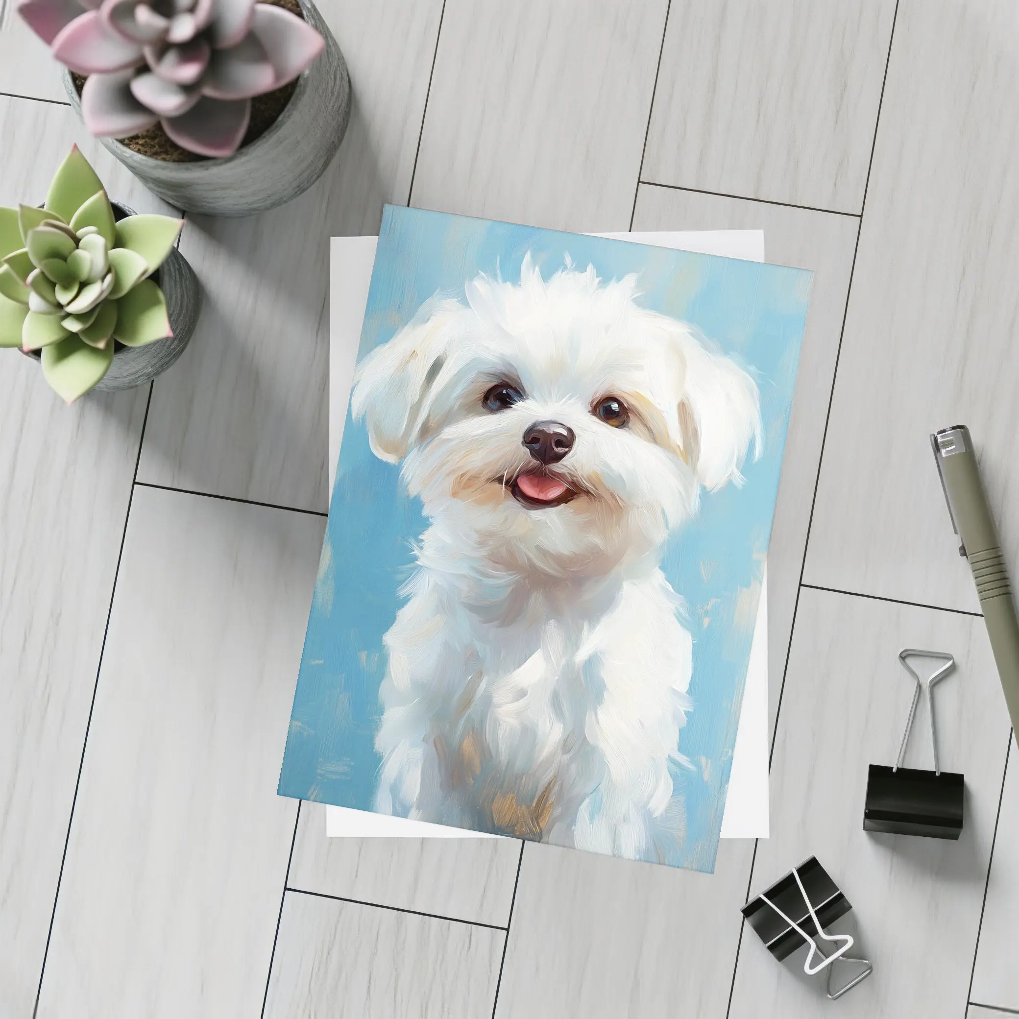 Maltese Dog Oil Painting Blue Background – Postcards