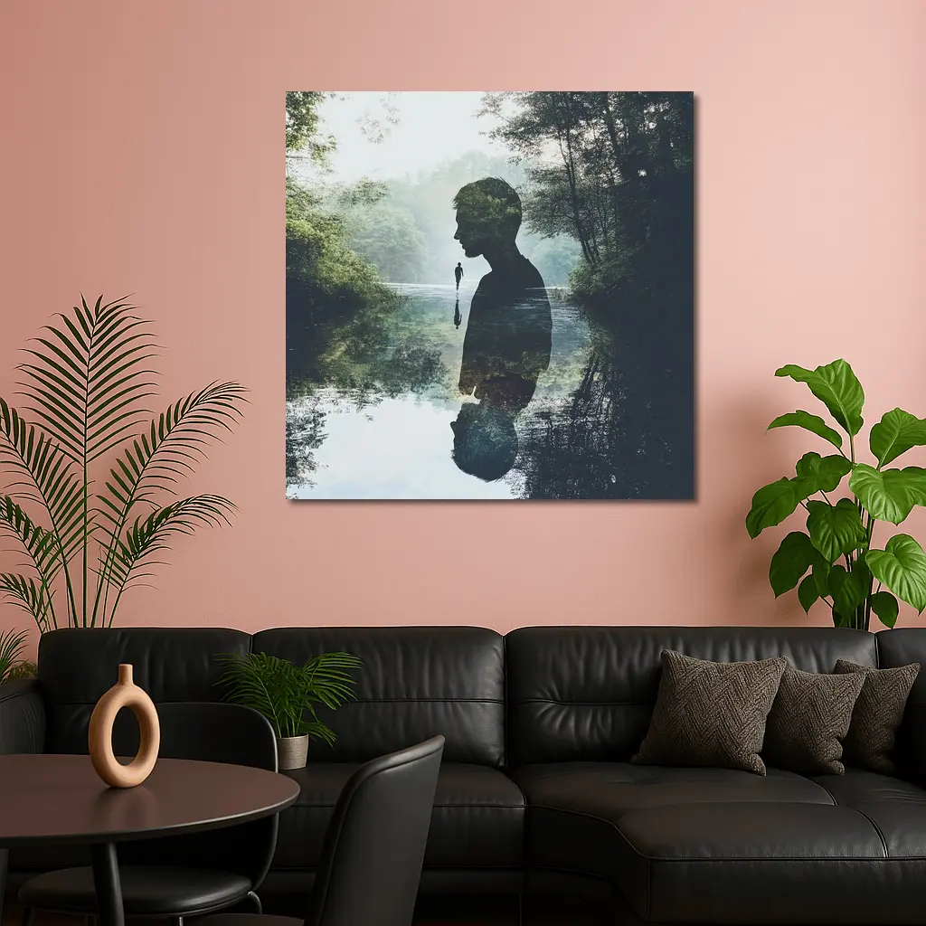 Double Exposure Man Silhouette Forest River – Wall Art