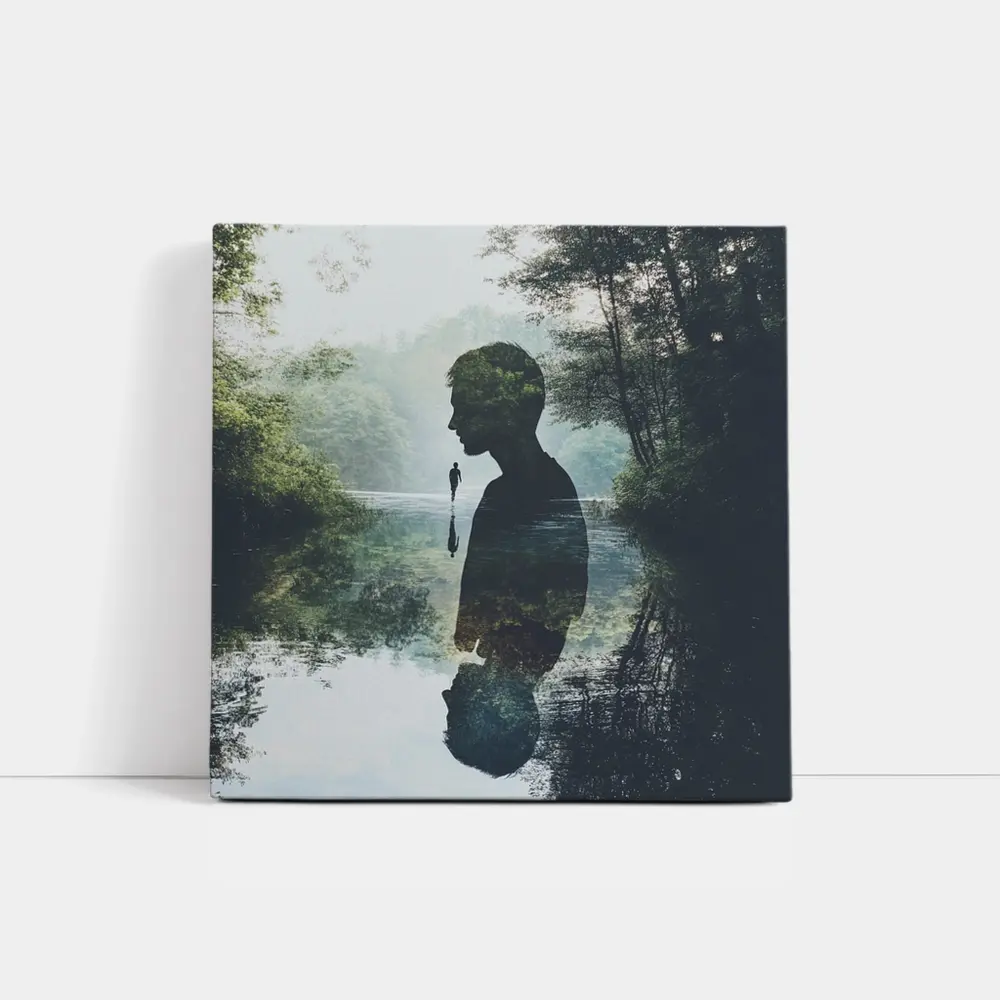 Double Exposure Man Silhouette Forest River – Wall Art