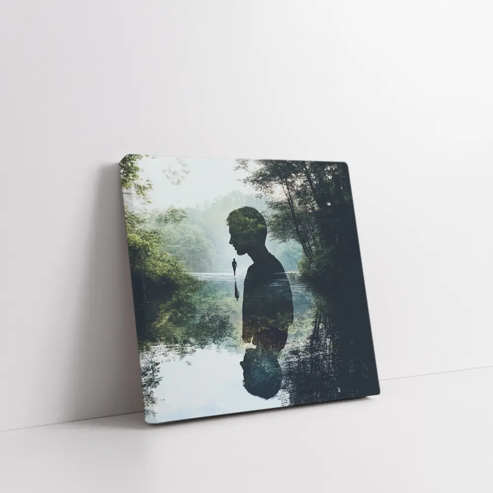 Double Exposure Man Silhouette Forest River – Wall Art