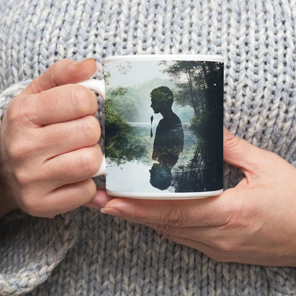 Double Exposure Man Silhouette Forest River – Mugs
