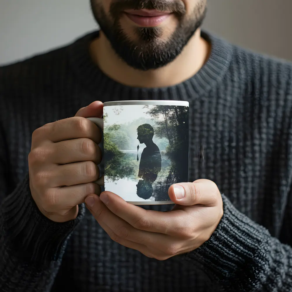 Double Exposure Man Silhouette Forest River – Mugs