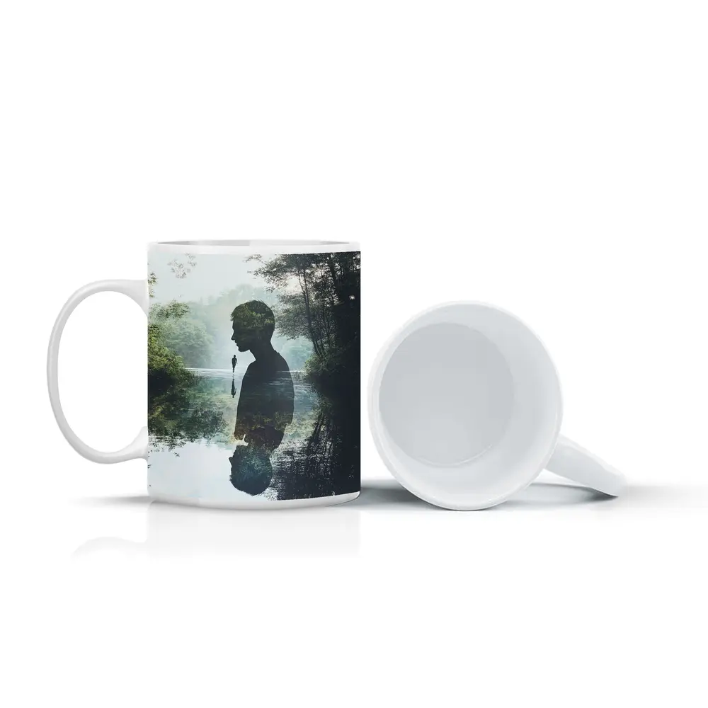 Double Exposure Man Silhouette Forest River – Mugs