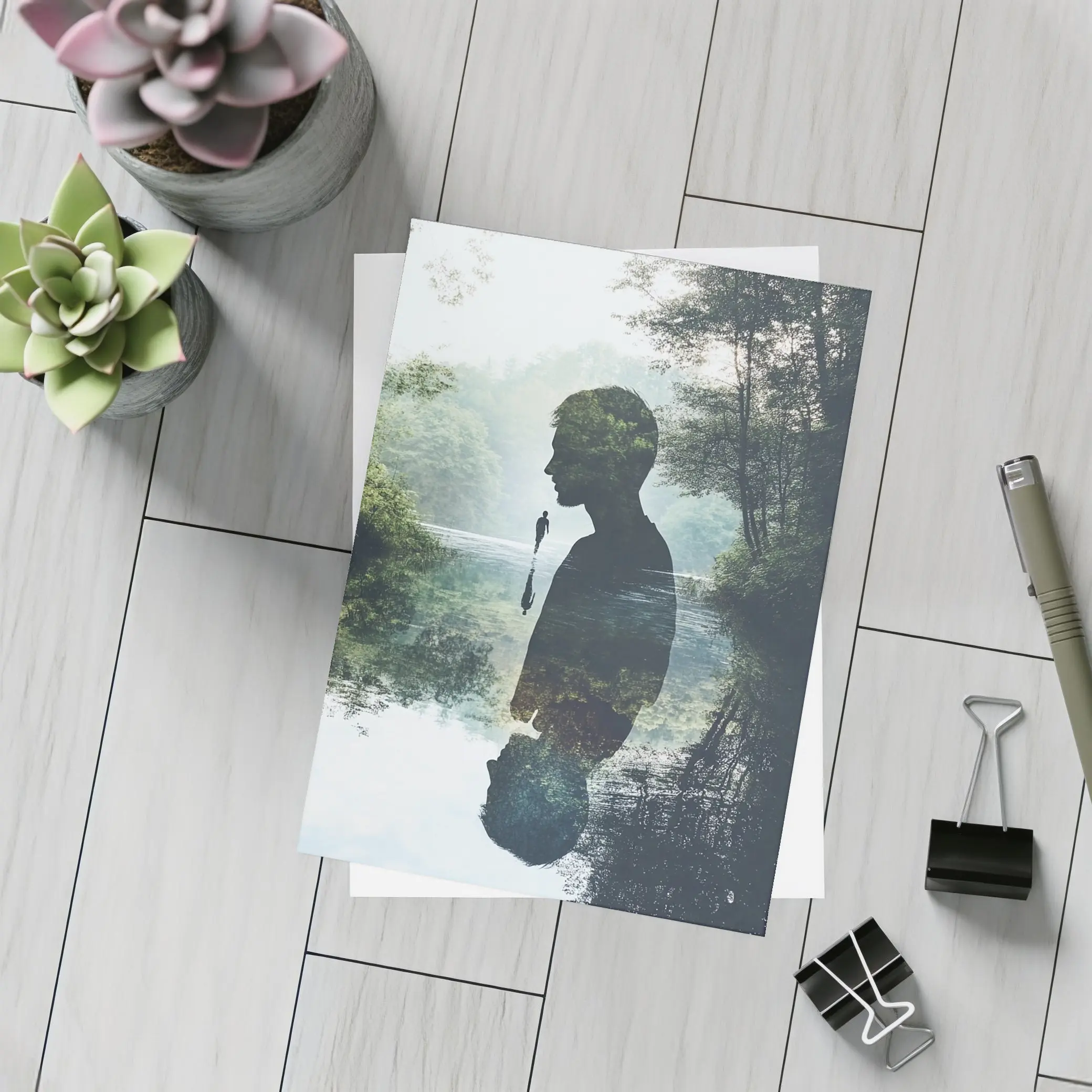 Double Exposure Man Silhouette Forest River – Postcards