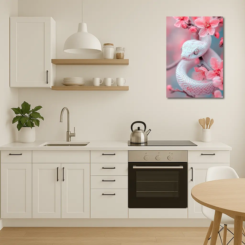 White Snake Coiled Among Pink Cherry Blossoms – Wall Art