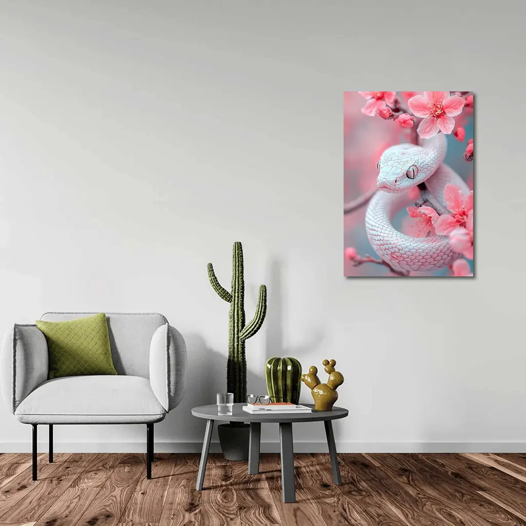 White Snake Coiled Among Pink Cherry Blossoms – Wall Art