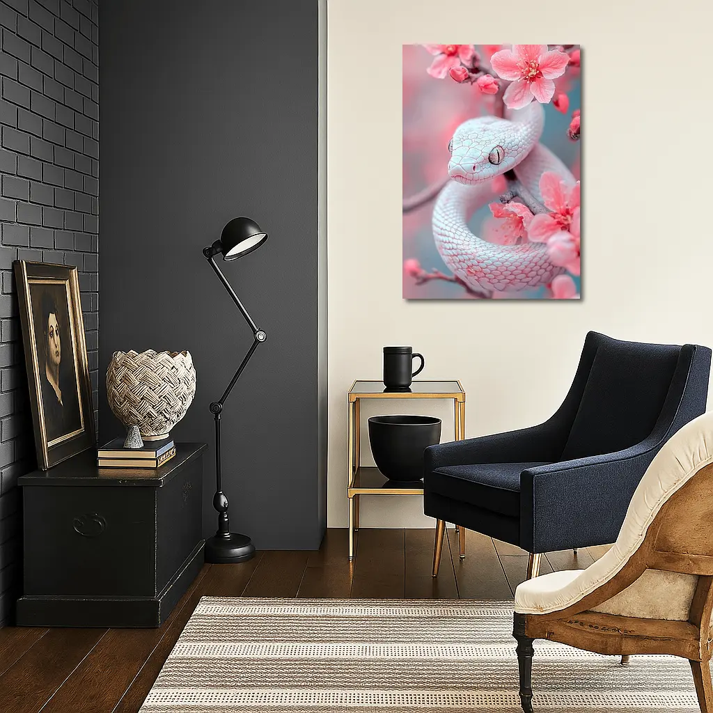 White Snake Coiled Among Pink Cherry Blossoms – Wall Art