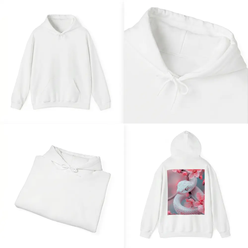 White Snake Coiled Among Pink Cherry Blossoms – Hoodies