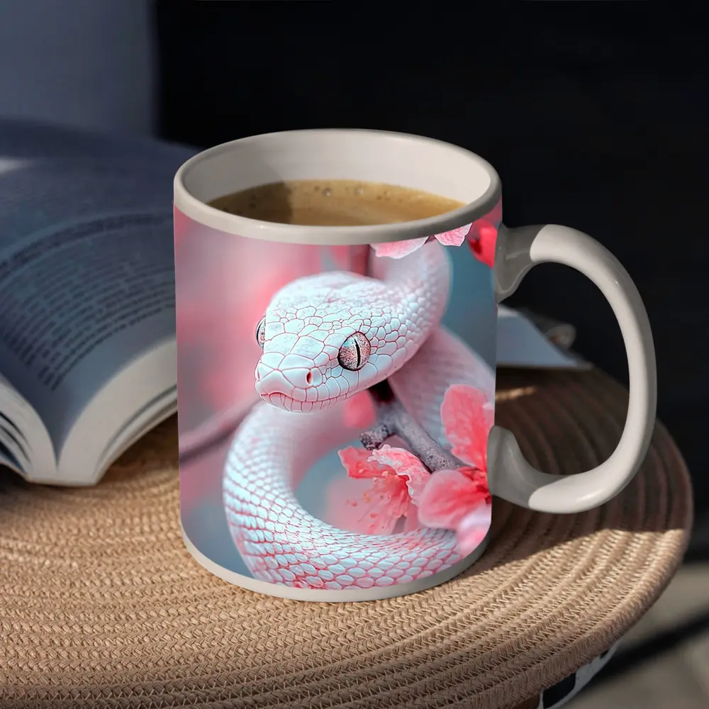White Snake Coiled Among Pink Cherry Blossoms – Mugs