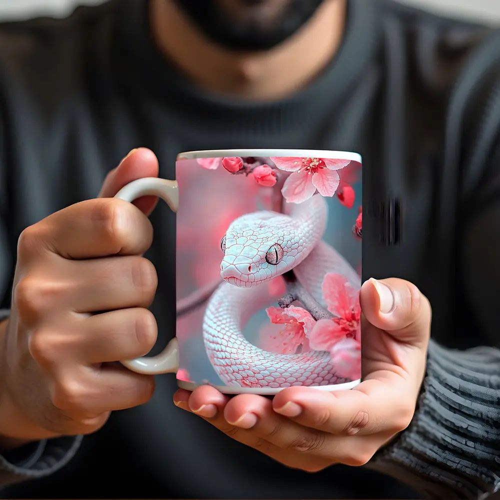 White Snake Coiled Among Pink Cherry Blossoms – Mugs