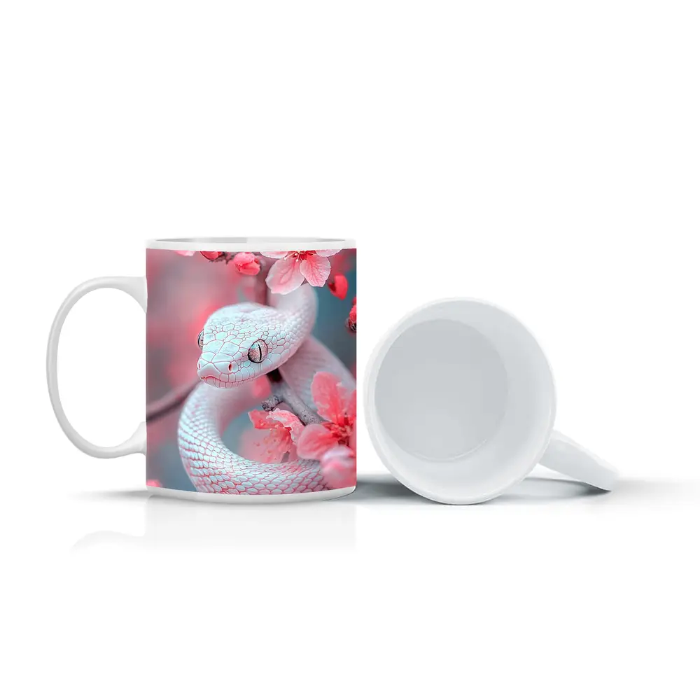 White Snake Coiled Among Pink Cherry Blossoms – Mugs