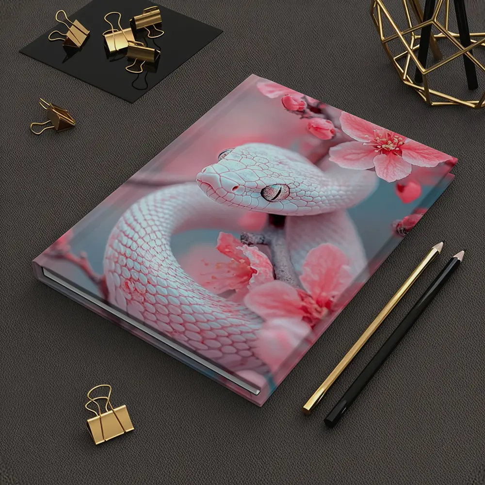 White Snake Coiled Among Pink Cherry Blossoms – Notebooks