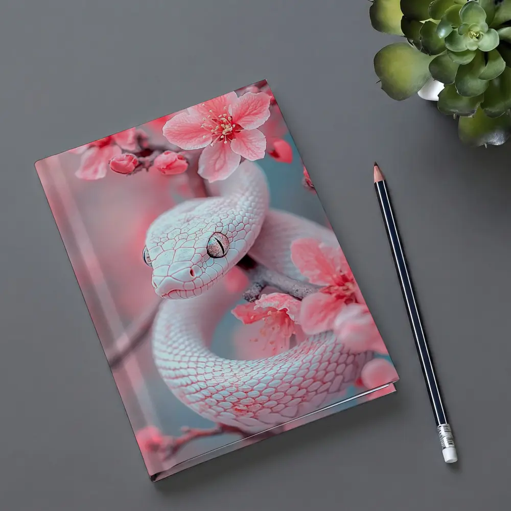 White Snake Coiled Among Pink Cherry Blossoms – Notebooks
