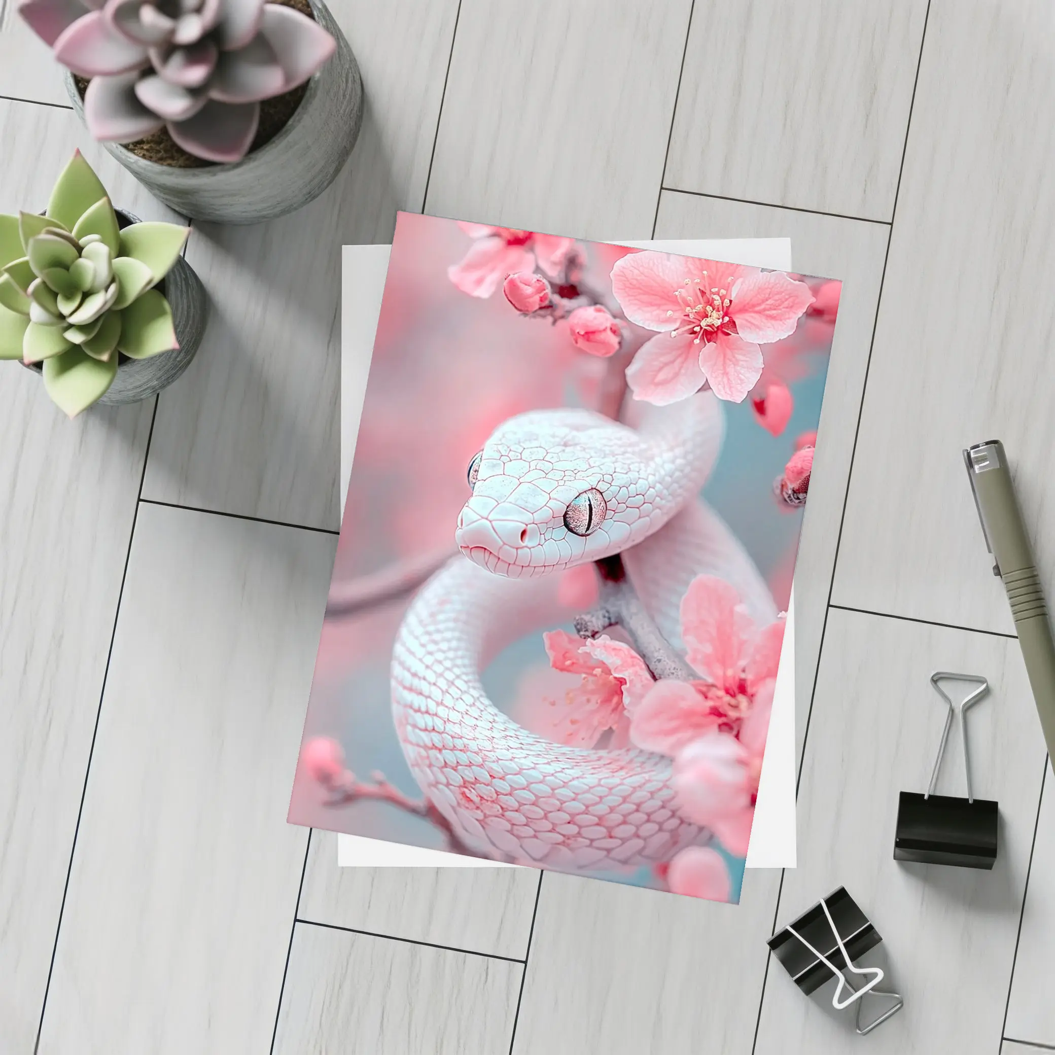White Snake Coiled Among Pink Cherry Blossoms – Postcards
