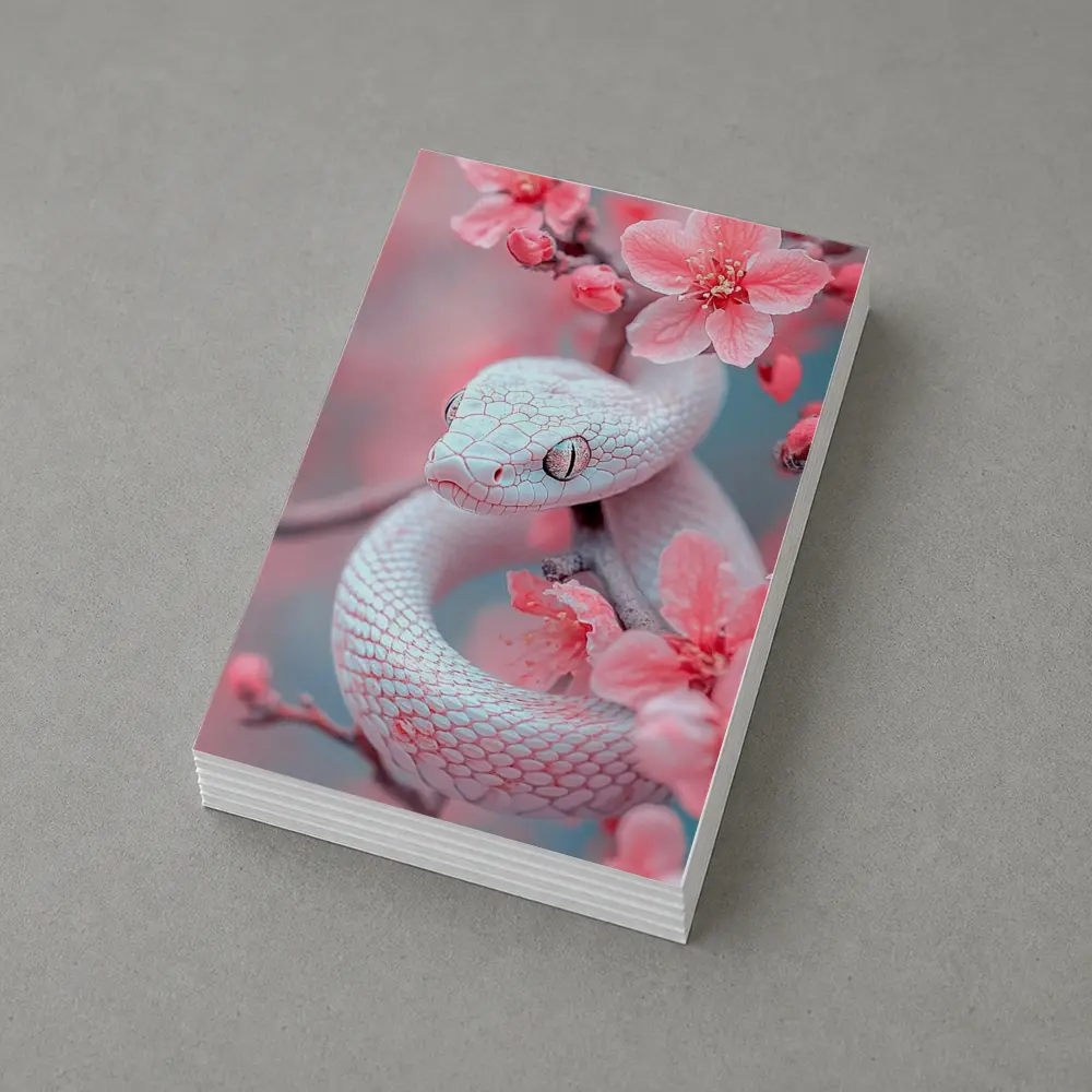 White Snake Coiled Among Pink Cherry Blossoms – Postcards