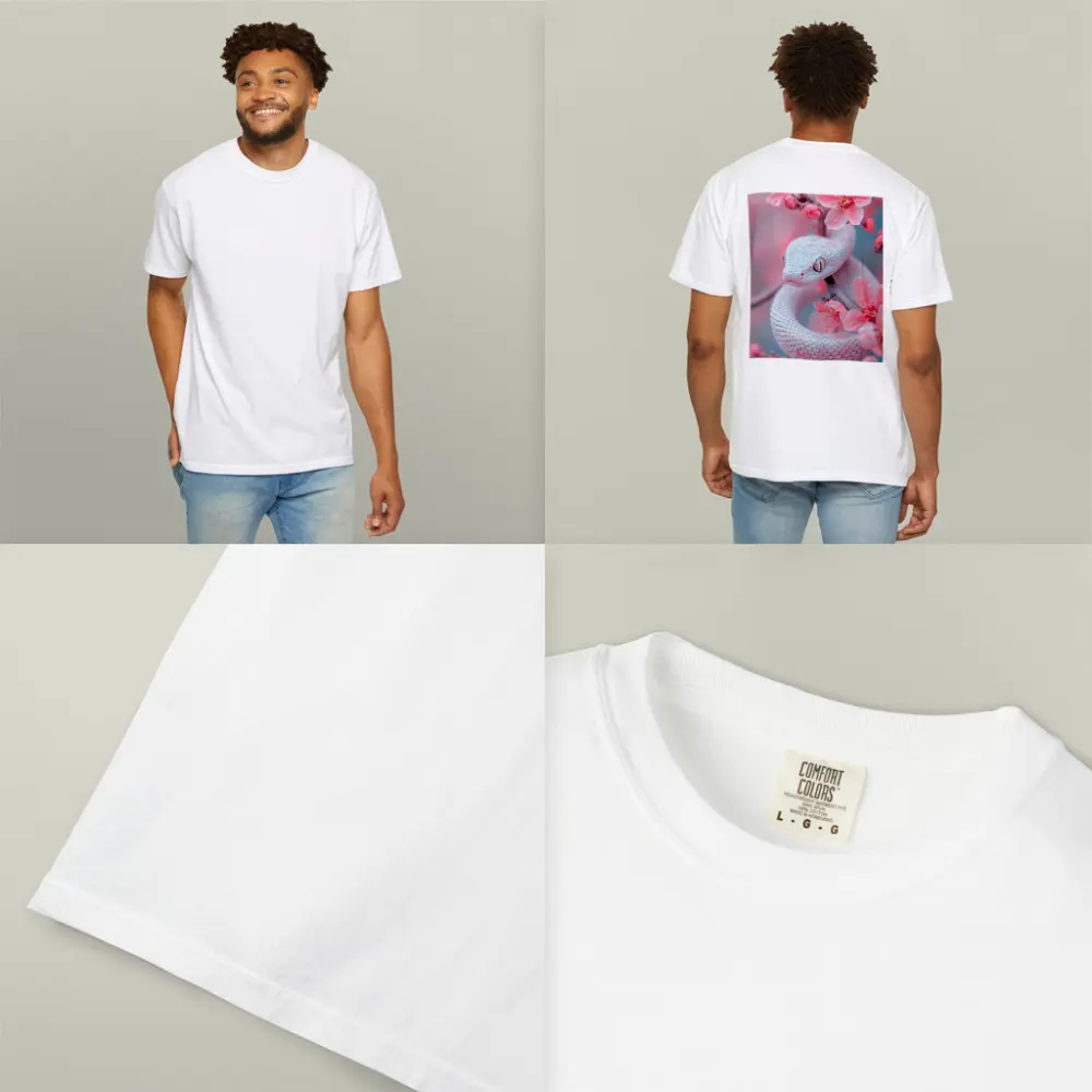 White Snake Coiled Among Pink Cherry Blossoms – T-Shirts
