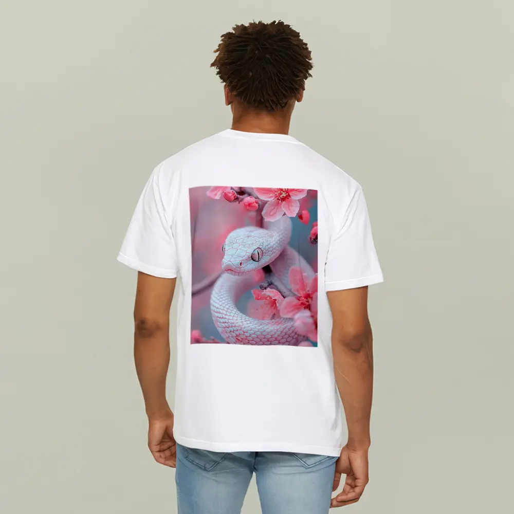 White Snake Coiled Among Pink Cherry Blossoms – T-Shirts