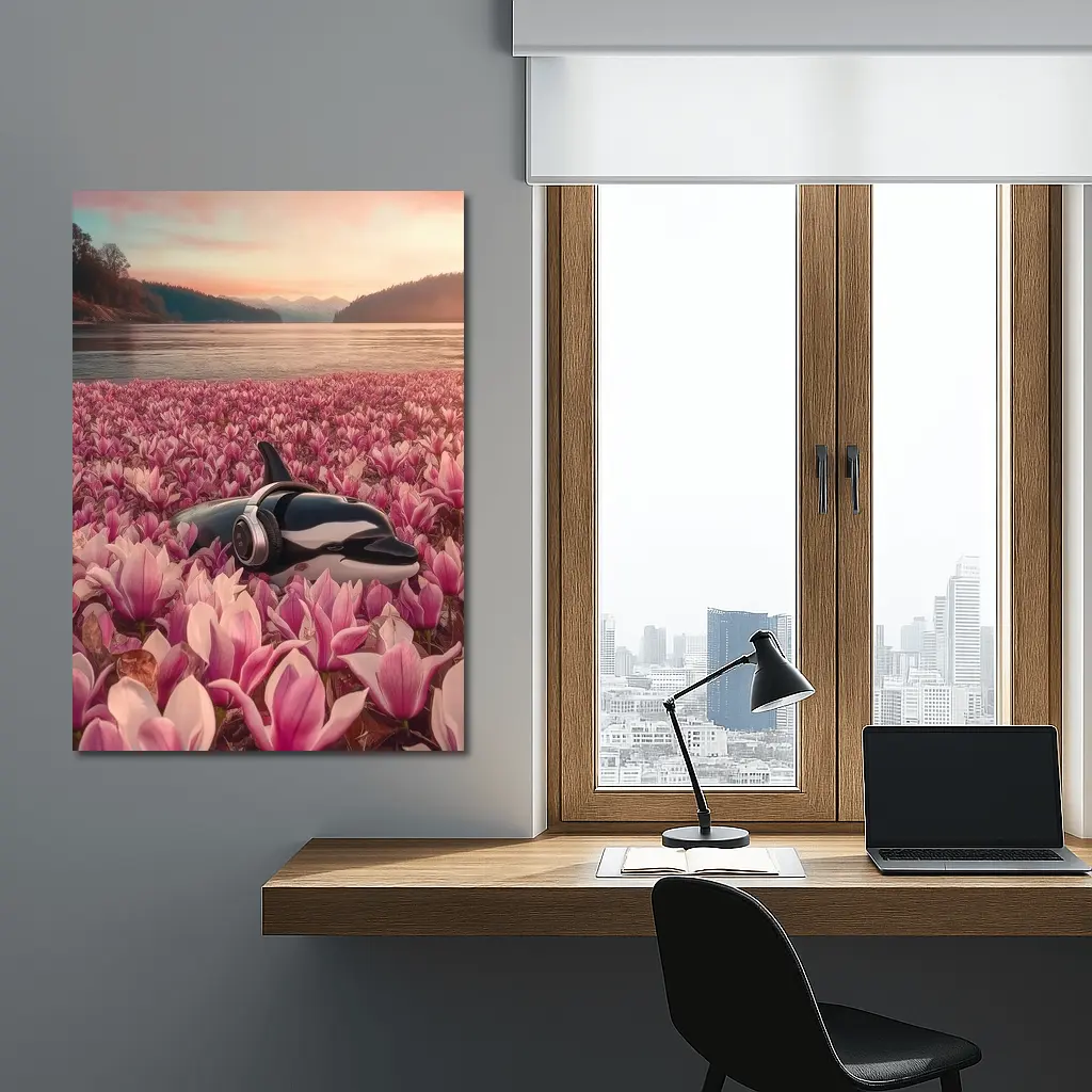 Orca Whale With Headphones Pink Magnolia Field – Wall Art