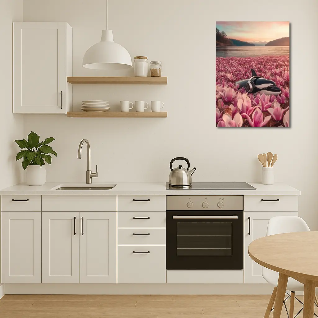 Orca Whale With Headphones Pink Magnolia Field – Wall Art