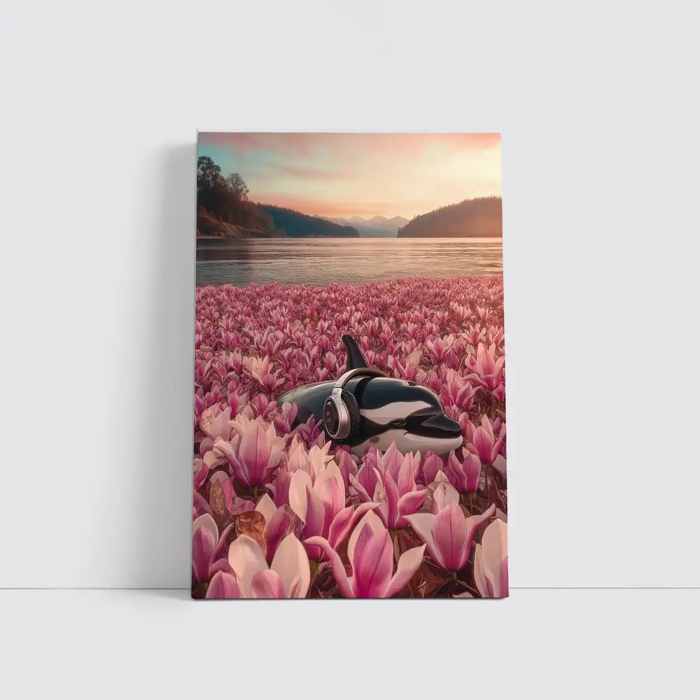 Orca Whale With Headphones Pink Magnolia Field – Wall Art