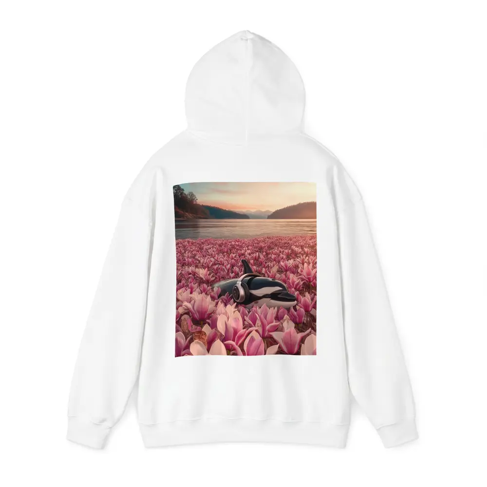 Orca Whale With Headphones Pink Magnolia Field – Hoodies