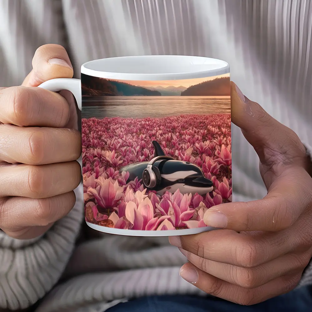 Orca Whale With Headphones Pink Magnolia Field – Mugs