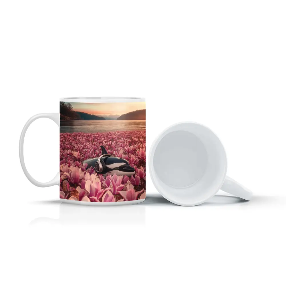 Orca Whale With Headphones Pink Magnolia Field – Mugs