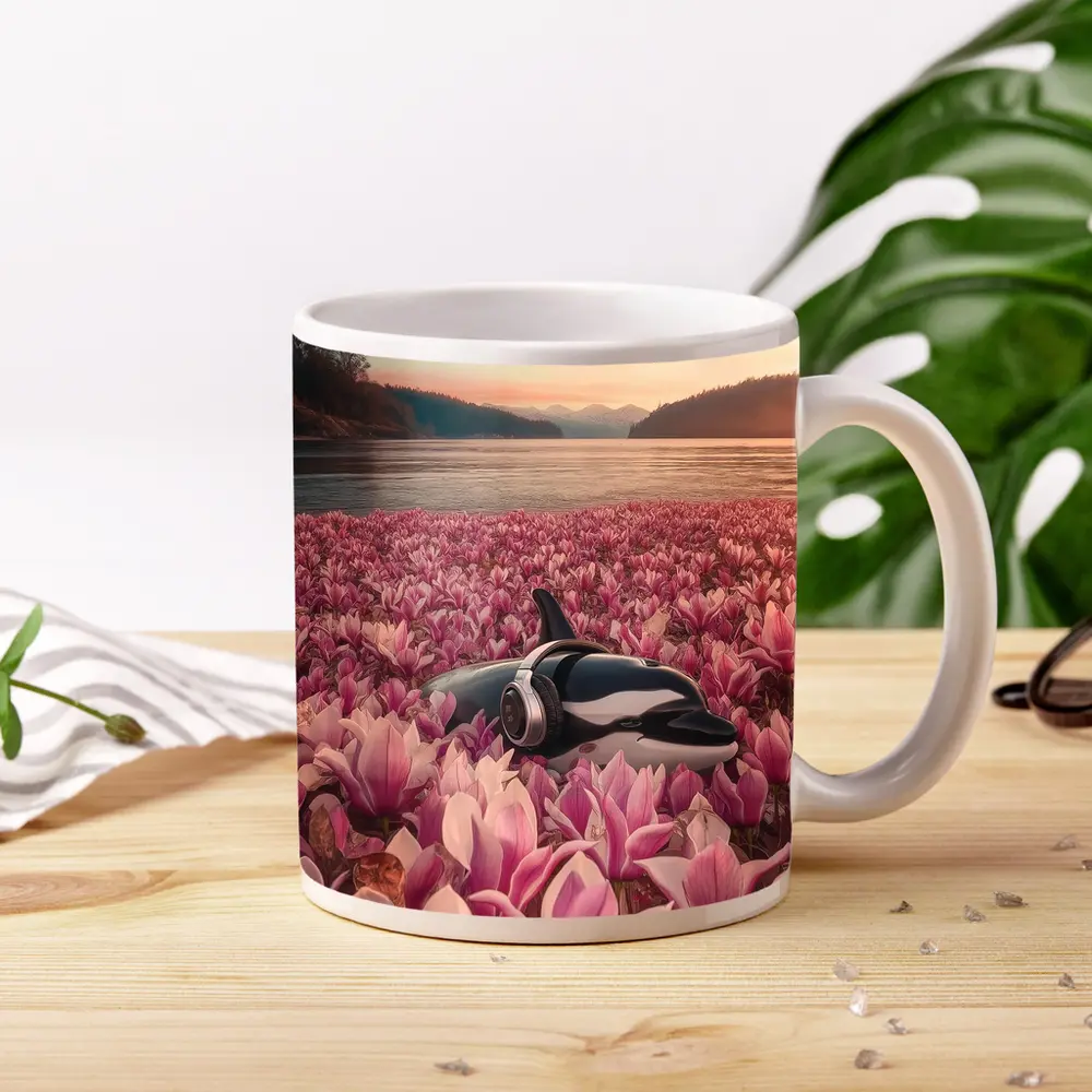 Orca Whale With Headphones Pink Magnolia Field – Mugs