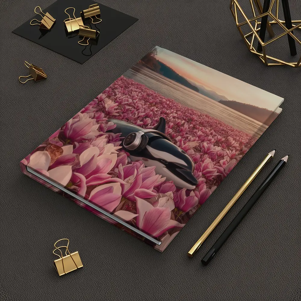 Orca Whale With Headphones Pink Magnolia Field – Notebooks