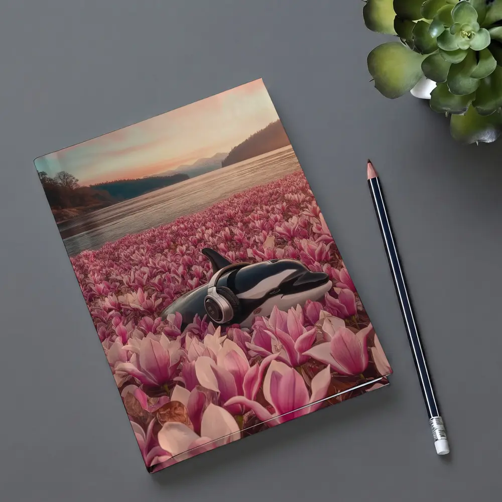 Orca Whale With Headphones Pink Magnolia Field – Notebooks