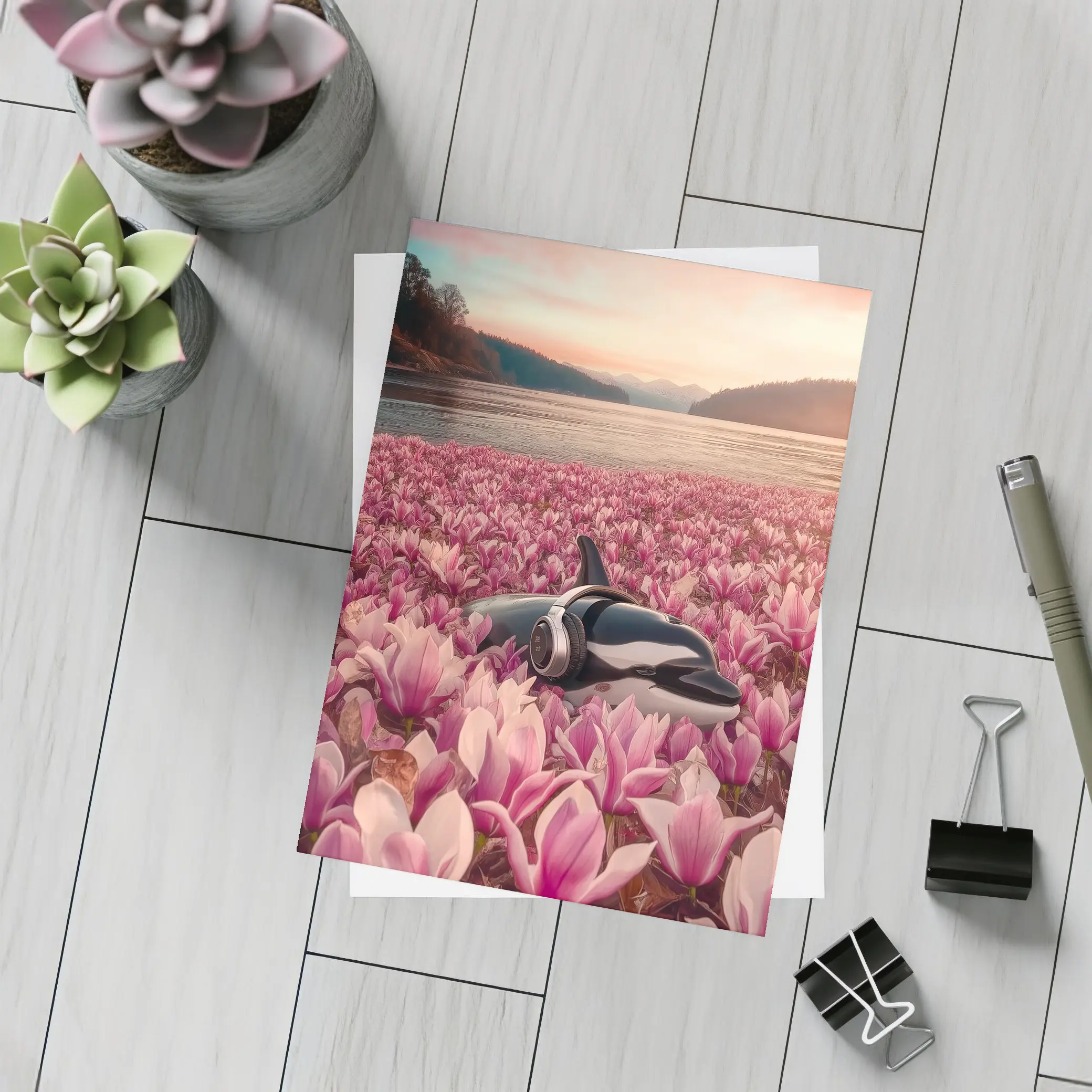 Orca Whale With Headphones Pink Magnolia Field – Postcards
