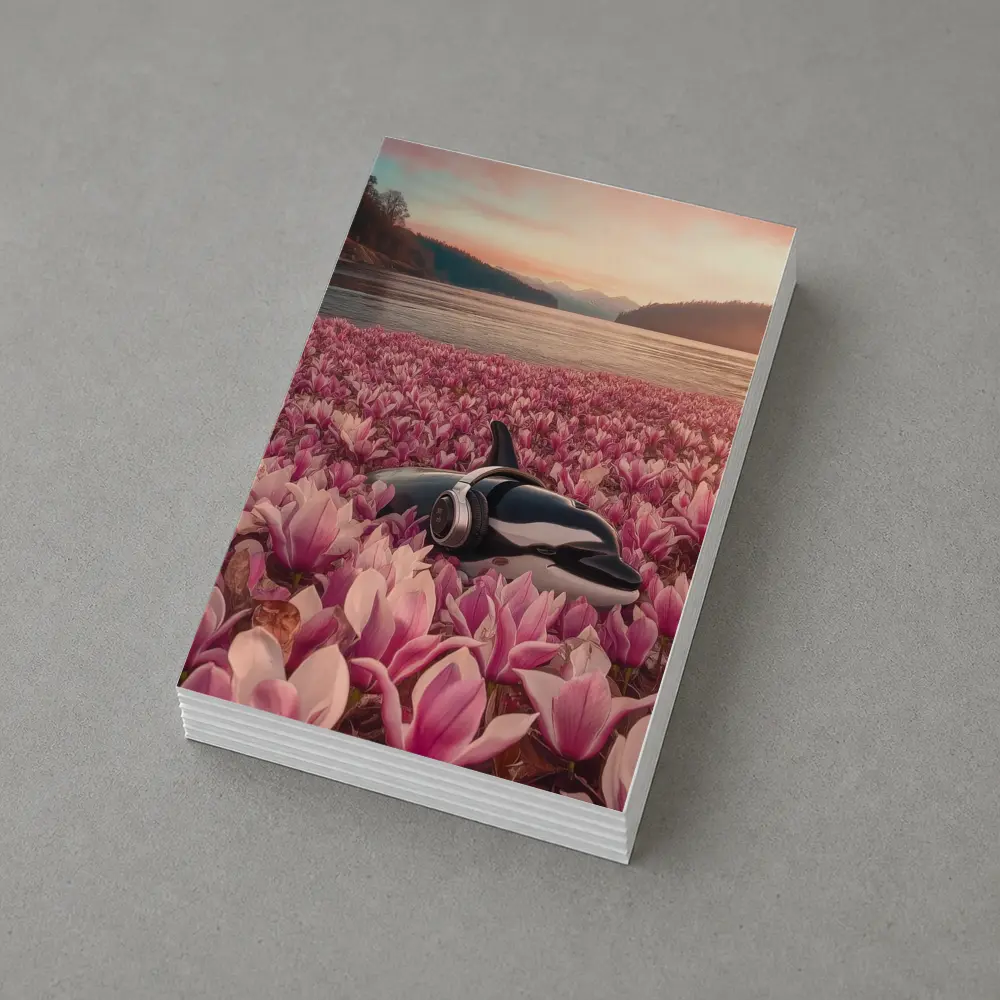 Orca Whale With Headphones Pink Magnolia Field – Postcards