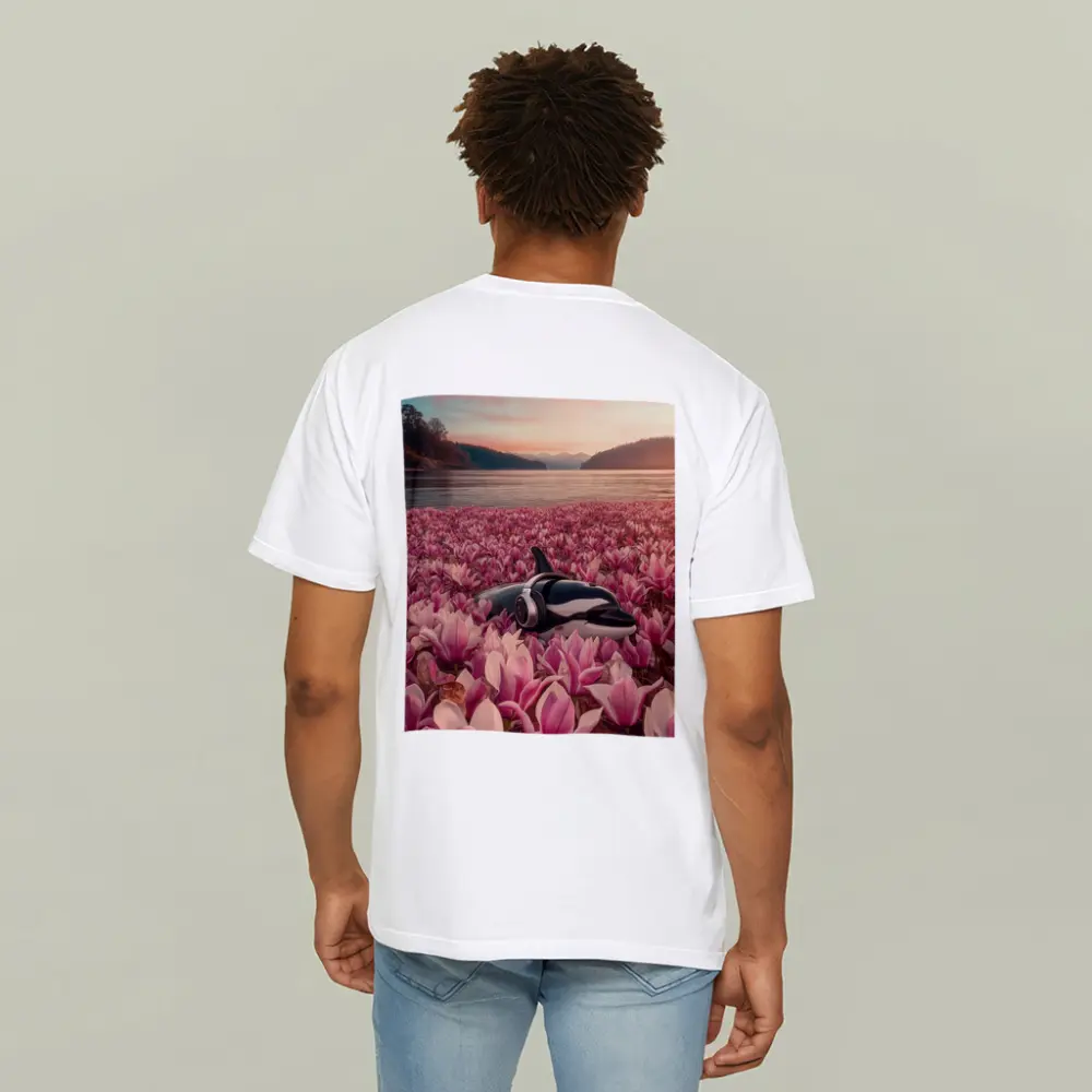 Orca Whale With Headphones Pink Magnolia Field – T-Shirts