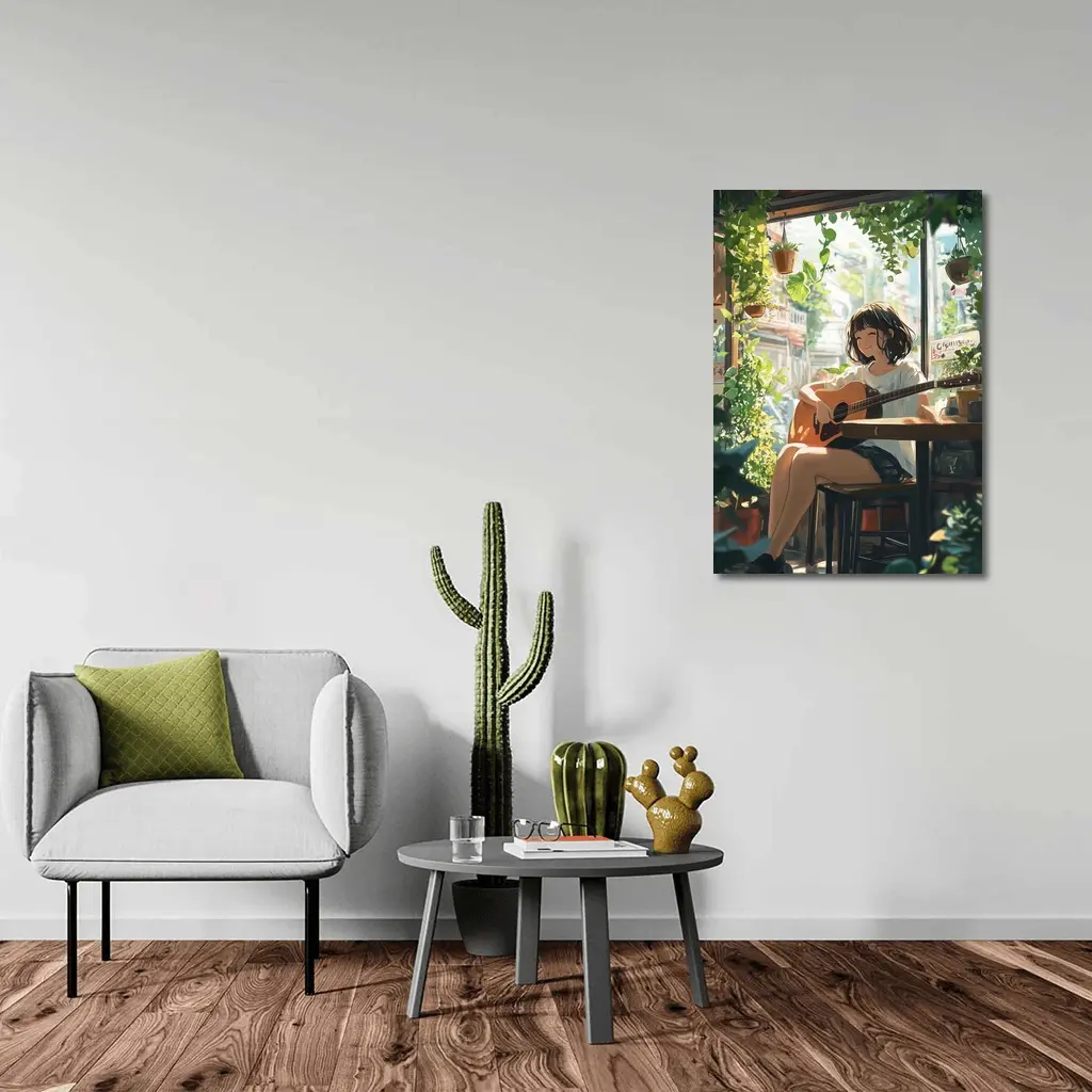 Anime Girl Playing Guitar Cozy Cafe – Wall Art