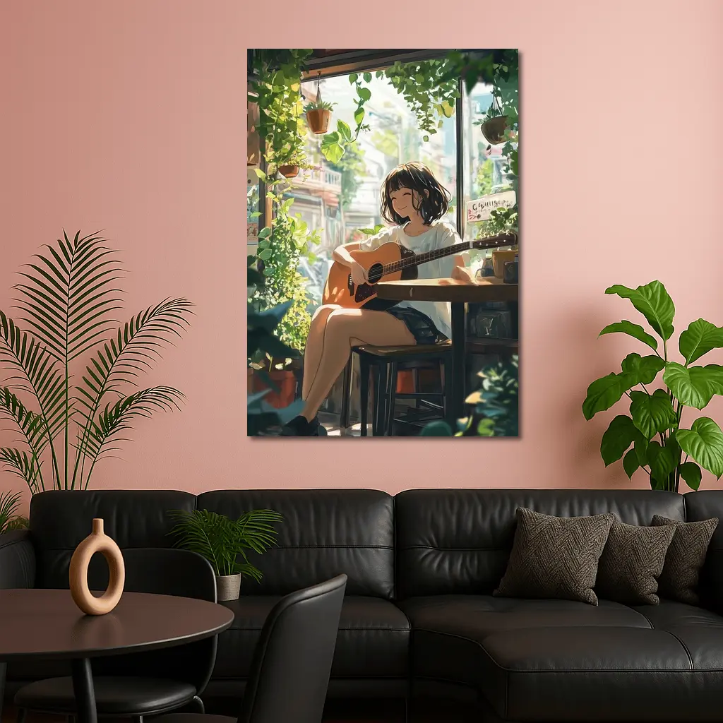 Anime Girl Playing Guitar Cozy Cafe – Wall Art