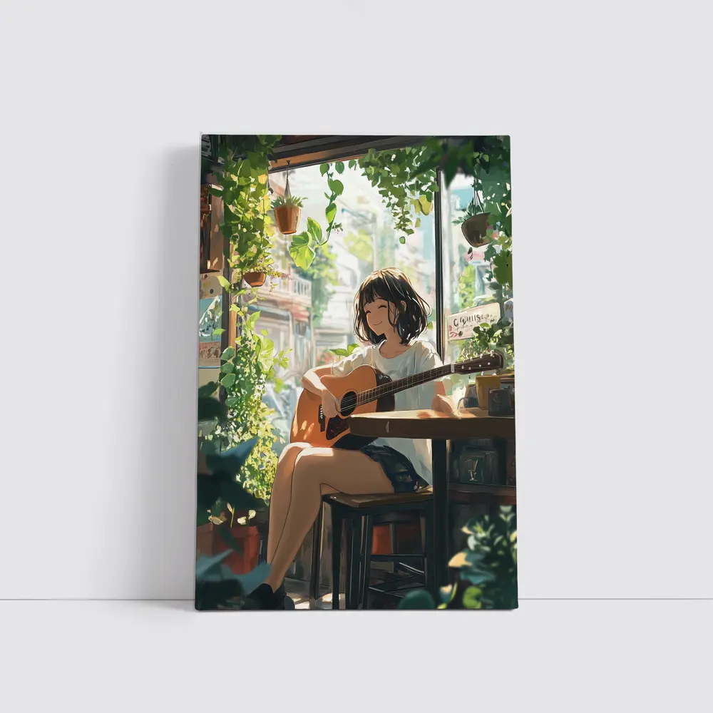 Anime Girl Playing Guitar Cozy Cafe – Wall Art