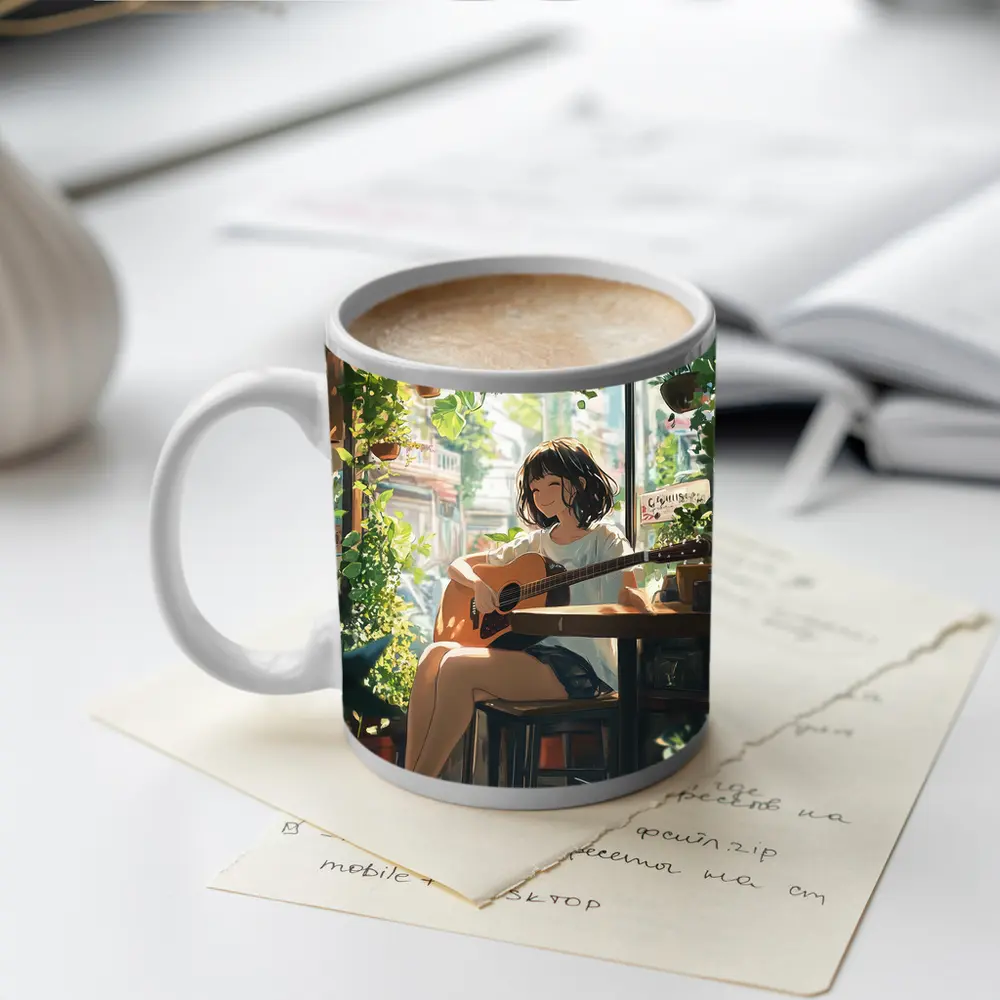 Anime Girl Playing Guitar Cozy Cafe – Mugs