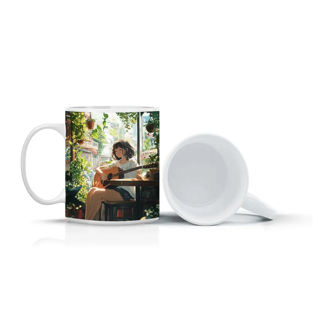 Anime Girl Playing Guitar Cozy Cafe – Mugs