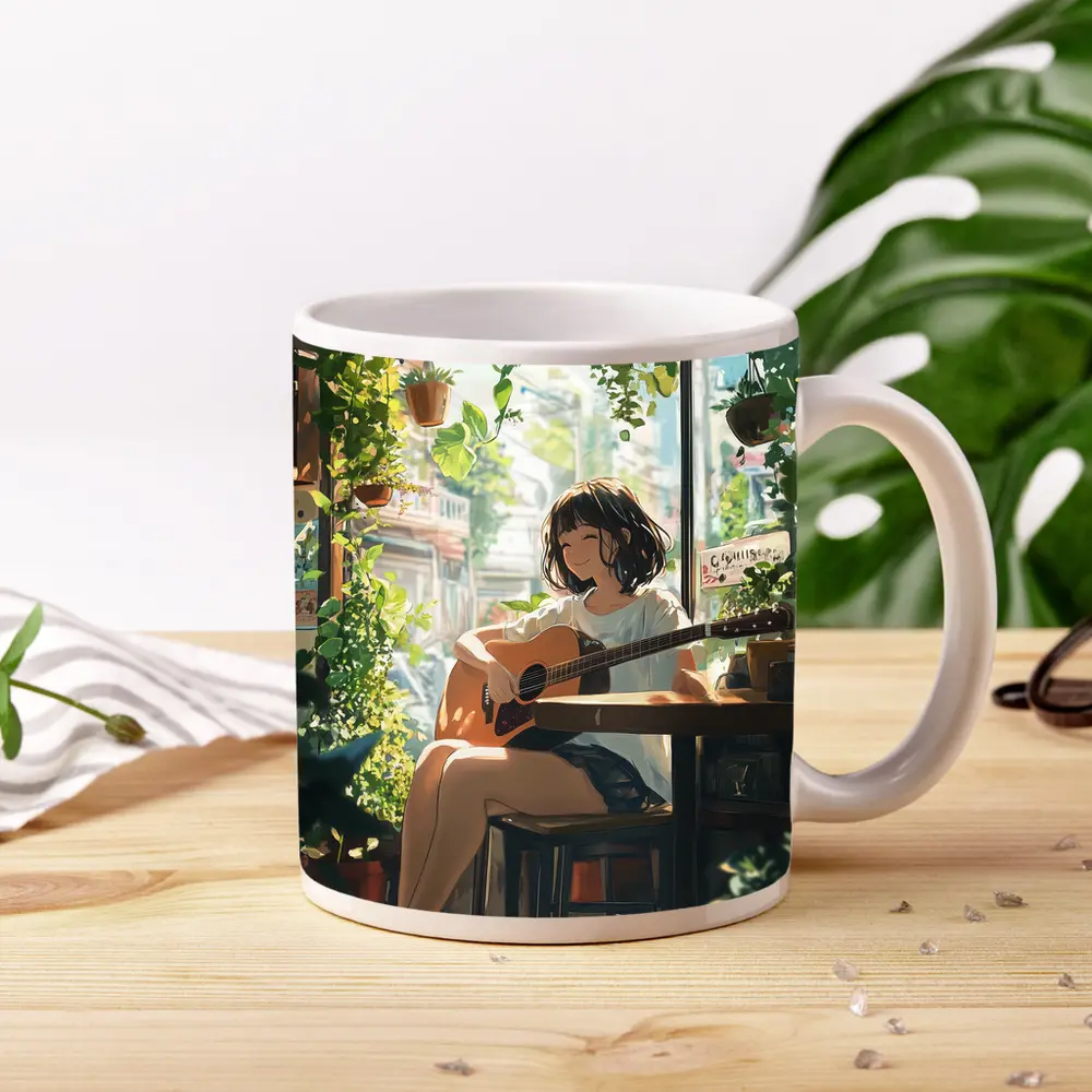 Anime Girl Playing Guitar Cozy Cafe – Mugs