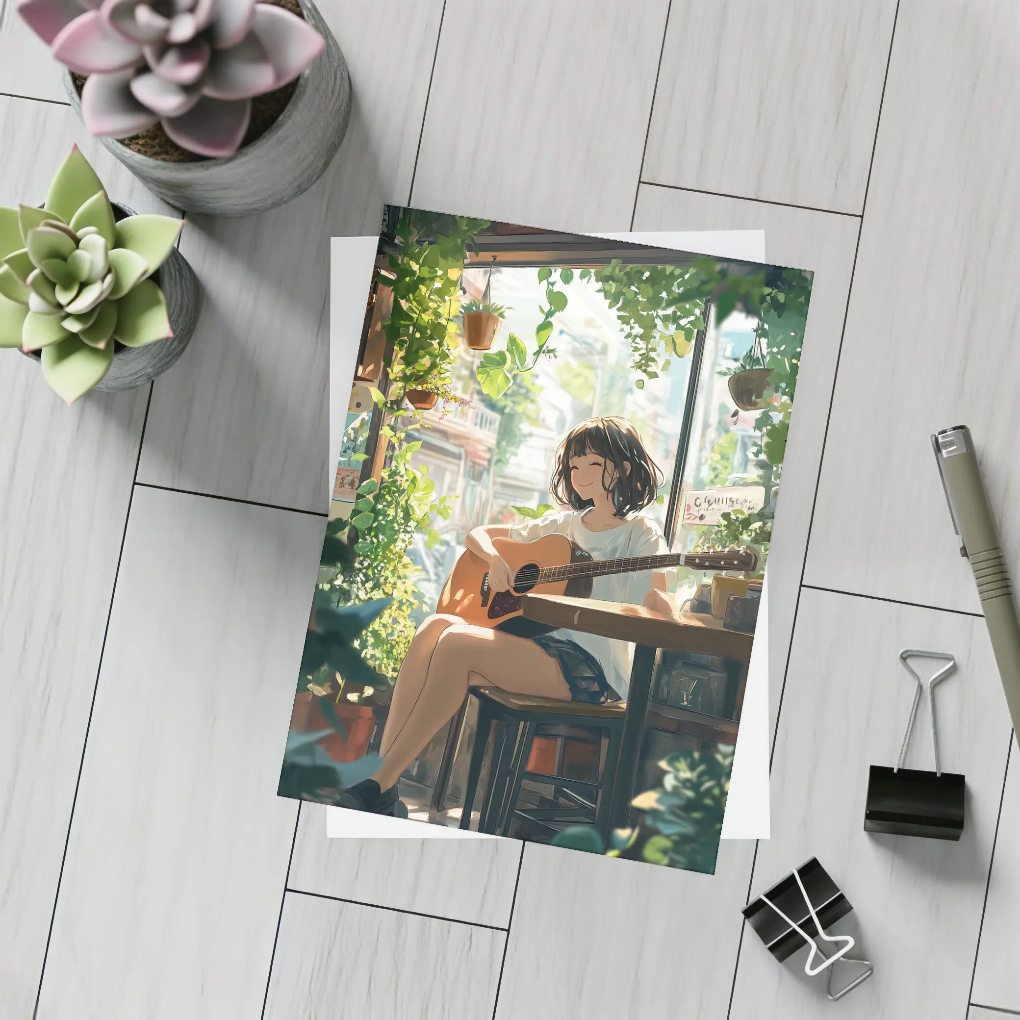 Anime Girl Playing Guitar Cozy Cafe – Postcards
